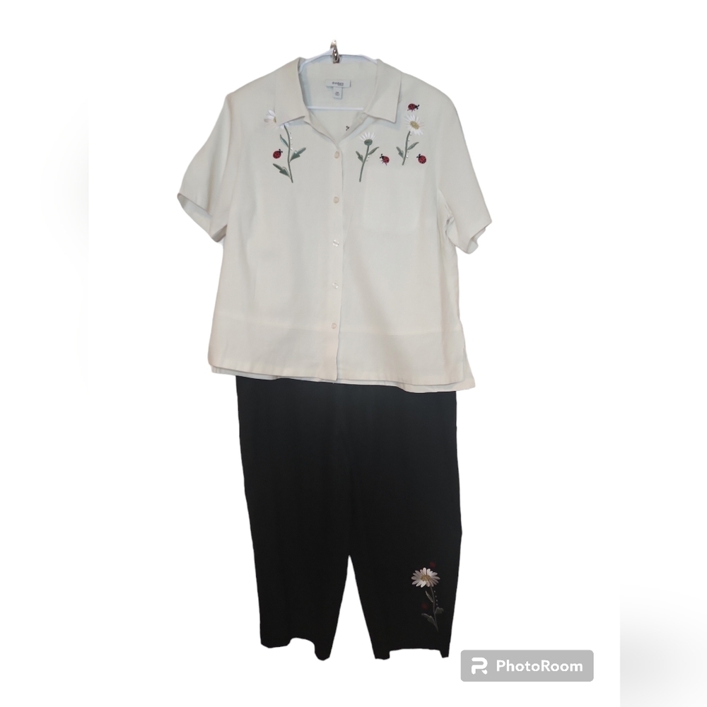 White Button-down Top and pants with Ladybug Detail  NWOT